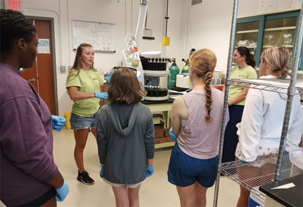 Campers (left to right) Fatima, Morgan, Cayla and Halo learning about the ASE machine in the toxicology lab.