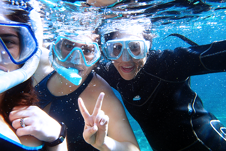 Makenzie Kerr, Natalie Sawaya & Karyna Rosario snorkeling selfie. Photo by Makenzie Kerr.