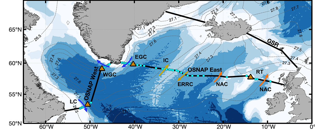Map of the subpolar North Atlantic where the OSNAP arrays record valuable ocean circulation data. Figure modified from Fu et al. 2025.