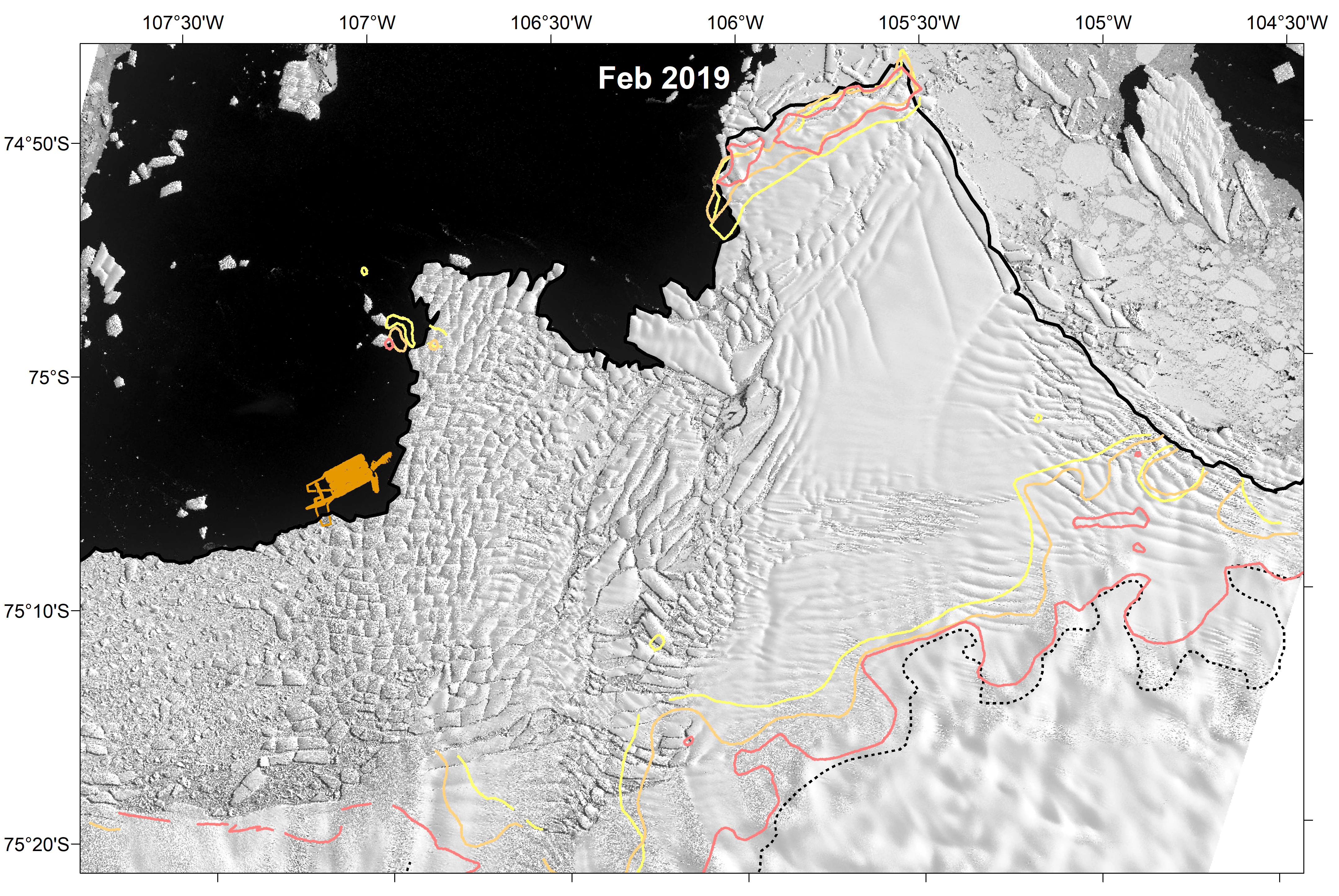 Map of Thwaites Glacier shown in Landsat 8 satellite imagery collected in February 2019. The track of the mission of the autonomous underwater vehicle is shown in orange. Changes in grounding line positions of Thwaites Glacier in the recent past shown by colored lines. (Credit: Alastair Graham/University of South Florida) .