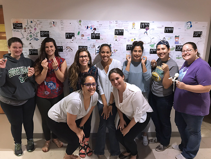 From left to right: Kaitlin Mettel, Makenzie Kerr, Chelsea Chase, Karyna Rosario, Kema Malki, Natalie Sawaya, Mya Breitbart, Natalia Lopez, Aubrey Hetzler.