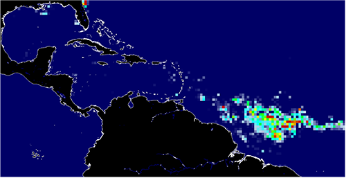 NASA satellite image from June 2016, showing much lower amounts of Sargassum.