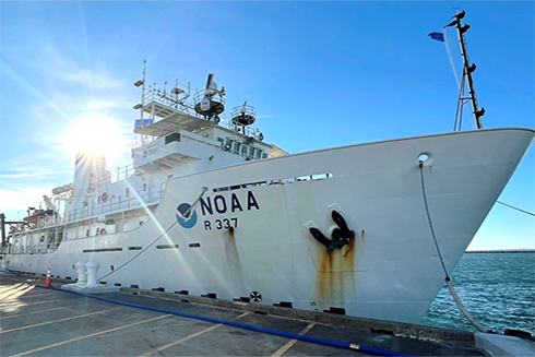 The NOAA Ship Okeanos Explorer docked in port in Newport, Rhode Island. The Okeanos Explorer, commissioned in 2008, is the only federal vessel designated with the sole mission of ocean exploration.