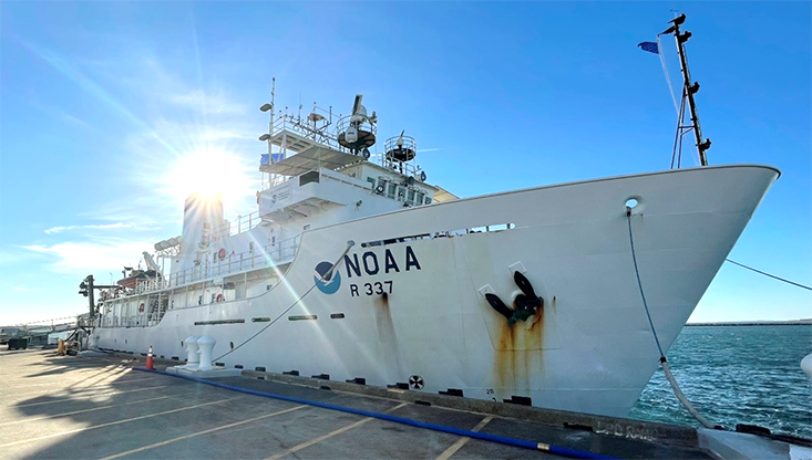 The NOAA Ship Okeanos Explorer docked in port in Newport, Rhode Island. The Okeanos Explorer, commissioned in 2008, is the only federal vessel designated with the sole mission of ocean exploration.
