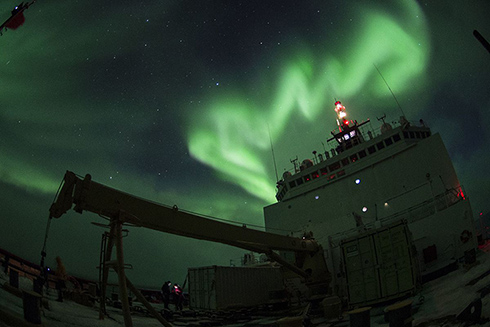Aurora borealis is observed from Coast Guard Cutter Healy Oct. 4, 2015, while conducting science operations in the southern Arctic Ocean. Healy was underway in the Arctic Ocean in support of the National Science Foundation-funded Arctic GEOTRACES, part of an international effort to study the distribution of trace elements in the world's oceans. U.S. Coast Guard photo by Petty Officer 2nd Class Cory J. Mendenhall.