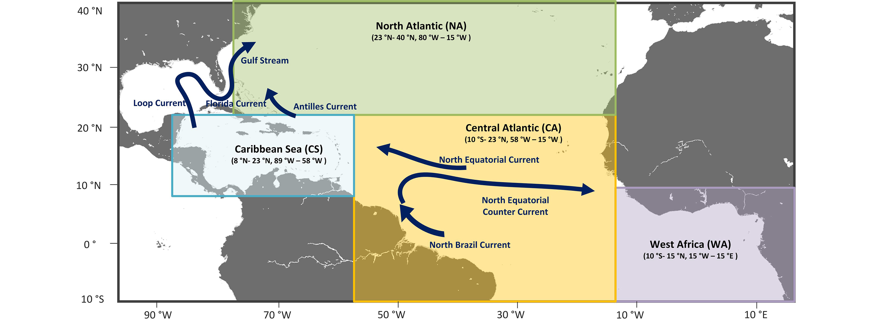 The team used numerical simulations to confirm that the Sargassum belt forms its shape in response to ocean currents. They divided the Atlantic Ocean into several regions for the current study. Credit: USF College of Marine Science