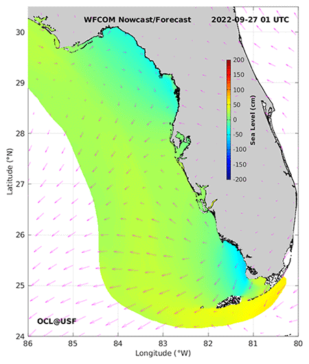 This visualization of the West Florida Coastal Ocean Model shows dramatic changes in sea level along Florida’s southwest coast.