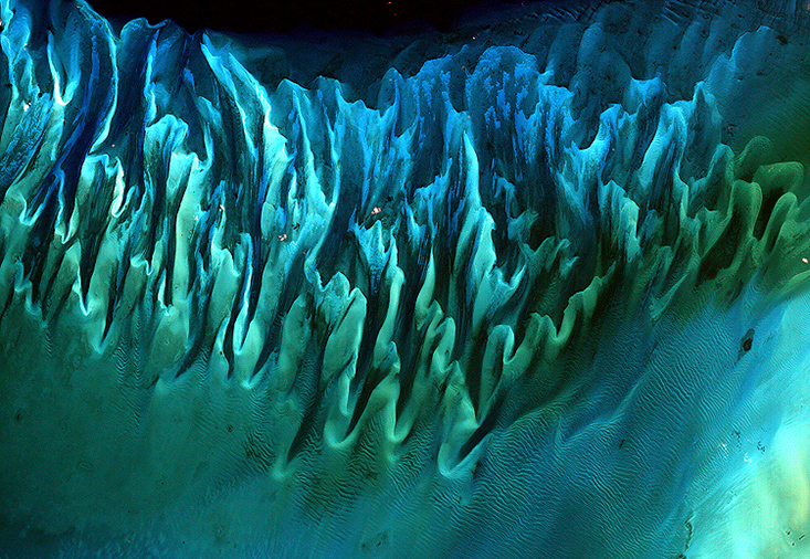 Sand and seaweed beds in the Bahamas. Image courtesy Serge Andrefouet, University of South Florida.