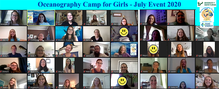 Campers and science mentors with USF's Oceanography Camp for Girls (OCG) smile as they wrap up the first virtual event of the 2020 camp. Photo courtesy of OCG.
