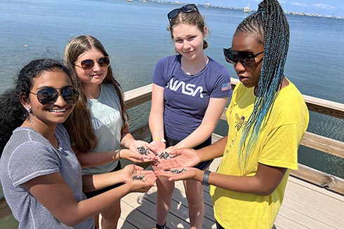 Campers Serah, Ella, Guinnie, and Bri holding shark teeth.