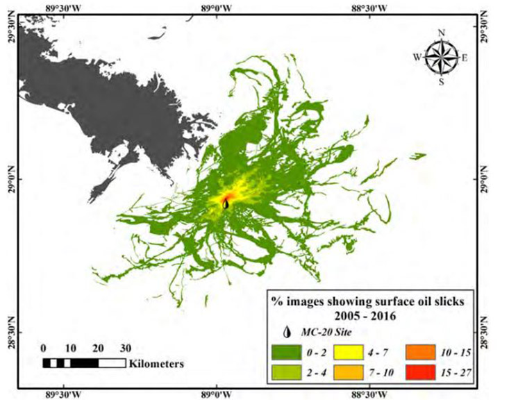 This image shows oil appearance frequency from all cloud-free images (including those without sun glint) in 2005–2016. It shows a cumulative area of 1888 km2 near the Taylor Energy Platform. (Figure 6 in the study, used with permission of Chuanmin Hu) 
