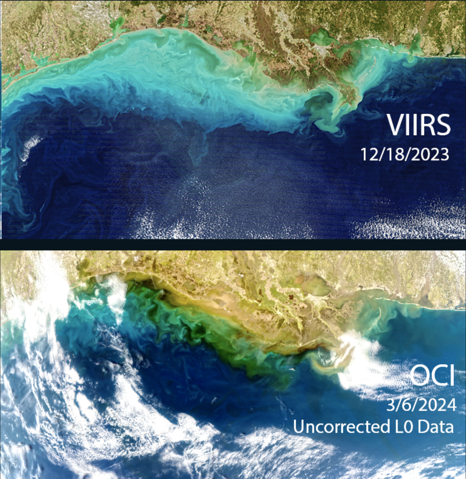 PACE is equipped with trailblazing technology that sets it apart from other Earth-observing satellites. The bottom image depicts the level of detail in a Mississippi River plume captured by PACE compared to another satellite instrument a few months prior. PHOTO CREDIT: NASA.
