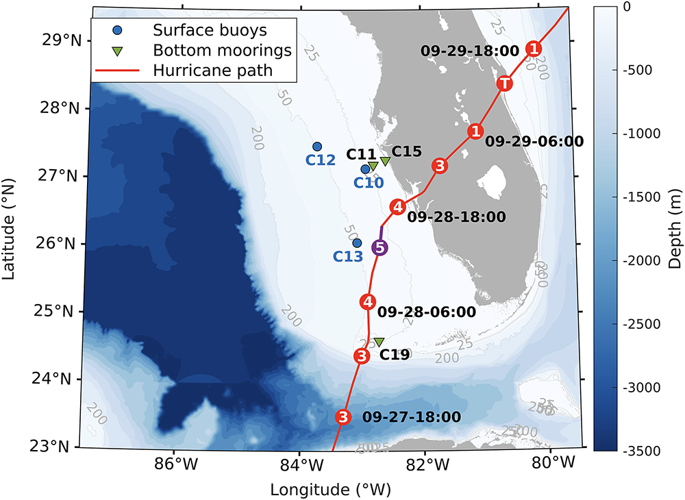 The path of Hurricane Ian as it increased in intensity along the coast of Florida. Buoys and moorings deployed by the Ocean Circulation Lab picked up valuable water temperature data. Image credit Liu et al., 2025.