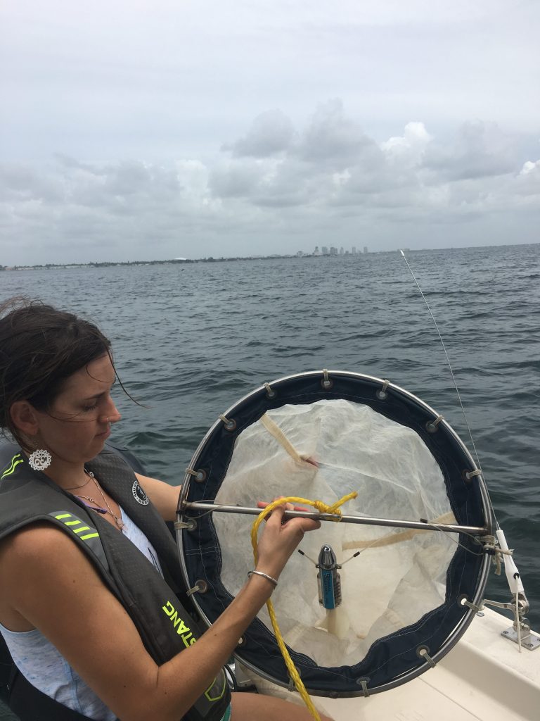 A plankton tow was the other method used to collect microplastics from the water. Here the plankton net and flowmeter are being prepared to calculate volume of water that passes through net. Photo Credit: Kinsley McEachern