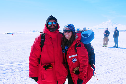 CMS professor Brad Rosenheim and his former PhD student, Ryan Venturelli, upon arrival to McMurdo Station in Antarctica. McMurdo station is one of three US stations for scientific research in Antarctica—located >600 miles from Mercer Subglacial Lake.