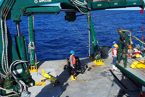 Ocean mapping activities being conducted on the west Florida continental shelf by the USF College of Marine Science staff aboard the research vessel Weatherbird II operated by the Florida Institute of Oceanography.