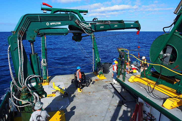 Ocean mapping activities being conducted on the west Florida continental shelf by the USF College of Marine Science staff aboard the research vessel Weatherbird II operated by the Florida Institute of Oceanography.  