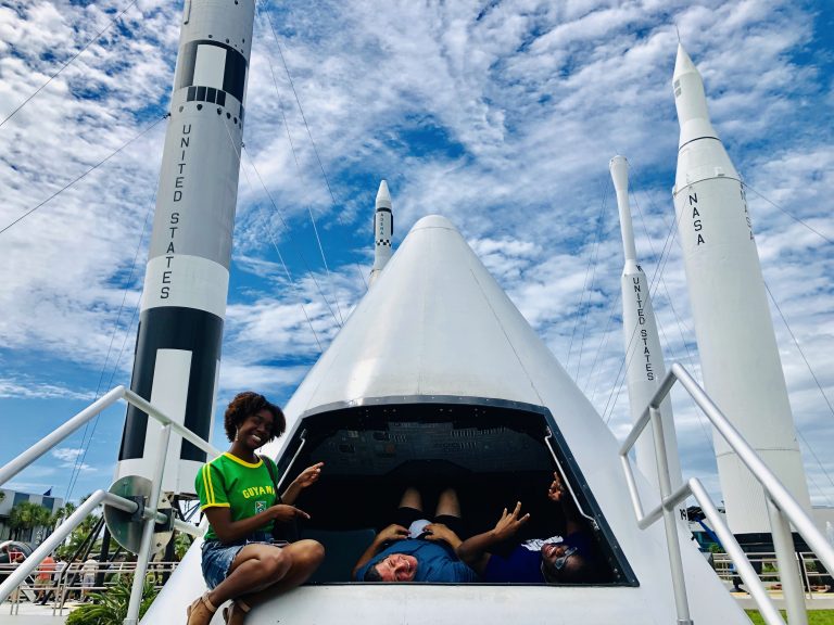 REU participants visited the Kennedy Space Center. (left to right: Jenelle DeVry, Richard Rivera, and Tione Grant)