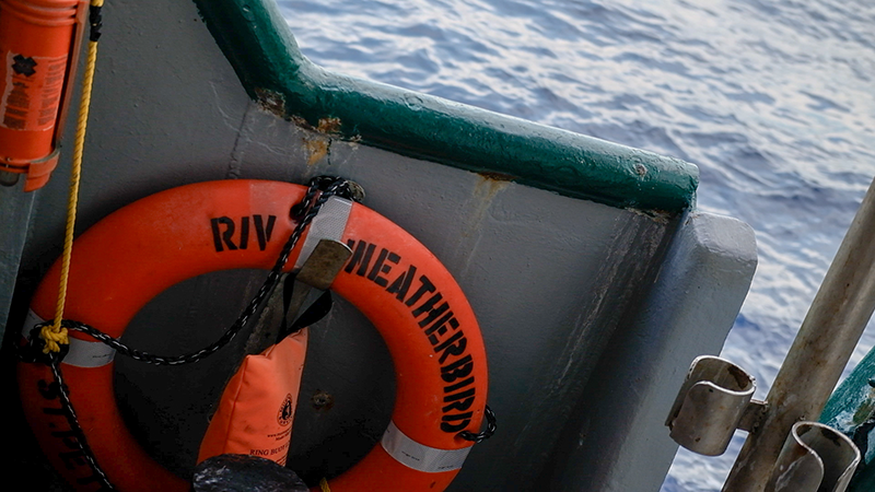 Lifebuoy hangs on the ship wall of the R/V Weatherbird II. Photo: Sophie Theiss.