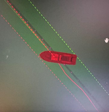 The R/V Weatherbird II is seen here “crabbing” which means that to keep a straight line, it had to be oriented at an angle to the strong currents. Image credit: Jason Politano.  