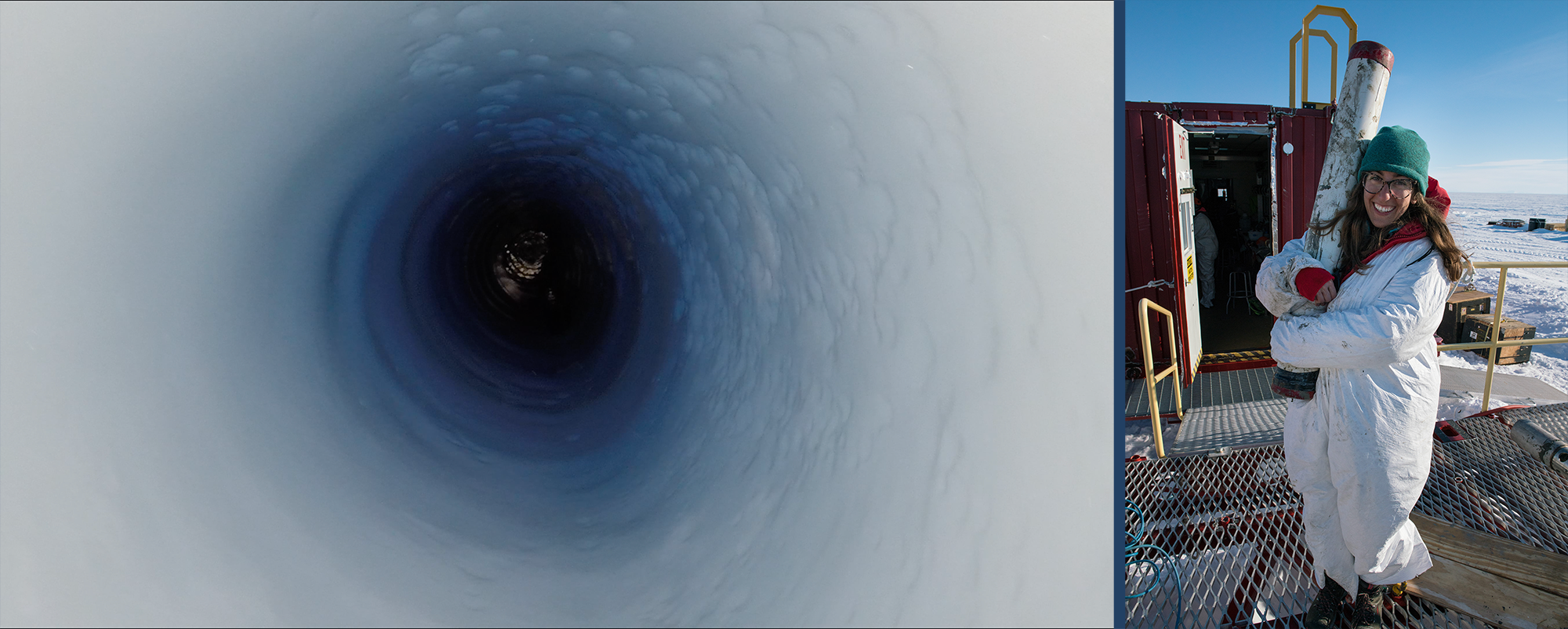 LEFT: Peering into the borehole of the operation to retrieve sediment and water samples from Mercer Lake. Credit: Kathy Kasic. RIGHT: Ryan Venturelli with the longest sediment core retrieved from a Subglacial Lake. Credit: Billy Collins 