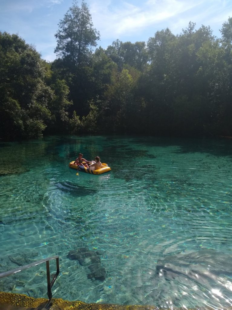 The USF CMS team, whose field and lab work was led by USF PhD student Kema Malki, used an inflatable raft to retrieve samples in May-June 2017 from five springs across northern Florida.In the raft are Malki and USF St. Petersburg student Paige Boleman taking samples at Ichetucknee Springs.