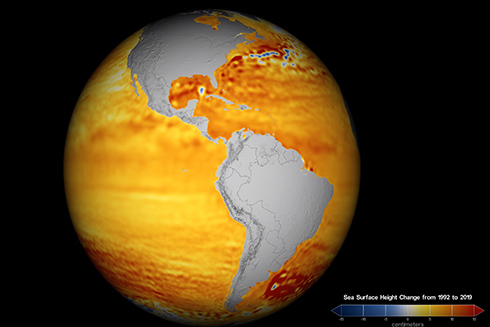 Regional sea-level change between 1992 and 2019, based on data collected from the TOPEX/Poseidon, Jason-1, Jason-2, and Jason-3 satellite altimeters. Blue regions are where sea level has gone down, and orange/red regions are where sea level has gone up. Since 1993, seas around the world have risen an average rate of 3.3 millimeters per year. Credit: NASA's Scientific Visualization Studio.