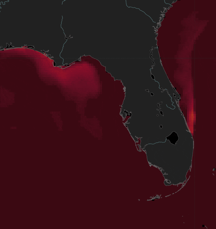 Sea surface potential temperature (°C) around Florida July 2020 – July 2021, with the color bar scaling blue (20 °C) to white (25 °C) to red (30 °C).”