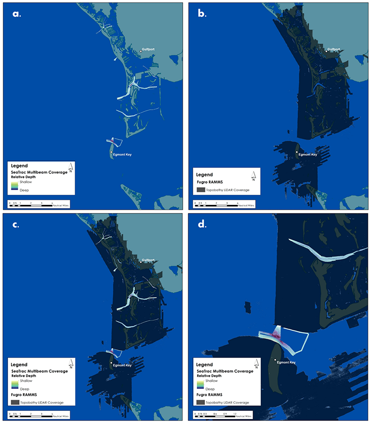 Above: (a) The seafloor mapping coverage achieved with the SeaTrac USV platform equipped with a multibeam sonar; (b) The seafloor mapping and land elevation coverage achieved with the Fugro’s airborne RAMMS system; (c) The combined mapping coverage from SeaTrac and Fugro; (d) Detailed, zoomed view of the combined coverage from SeaTrac and Fugro. Note: these data are preliminary. 