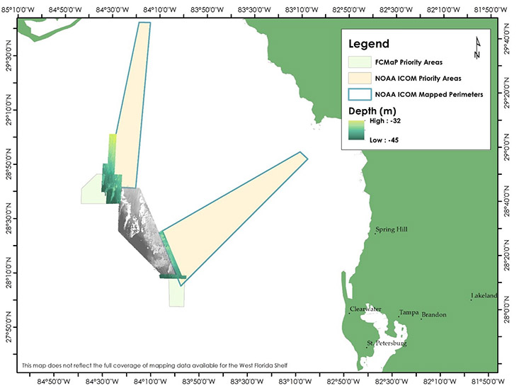 Above: The light green and orange polygons in the map above show the areas in the Big Bend of Florida that are prioritized for mapping by the Florida Coastal Mapping Program (FCMaP) and NOAA’s Integrated Ocean and Coastal Mapping (IOCM) Program. The depths shown in grayscale were mapped by David Naar, PhD, a CMS Geological Oceanographer, in the mid-2000s. The areas indicated by the yellow to blue color depth scale were mapped by Hommeyer and his team in October 2020 and February 2021; this also includes the perimeters of the two NOAA IOCM areas indicated by the blue outlines.