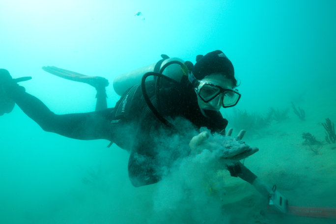 Rachel Silverstein of Miami Waterkeeper diving within 150 m of the shipping channel on the Inner reef, holding fine sediments. Photo Credit: P Zuccarini