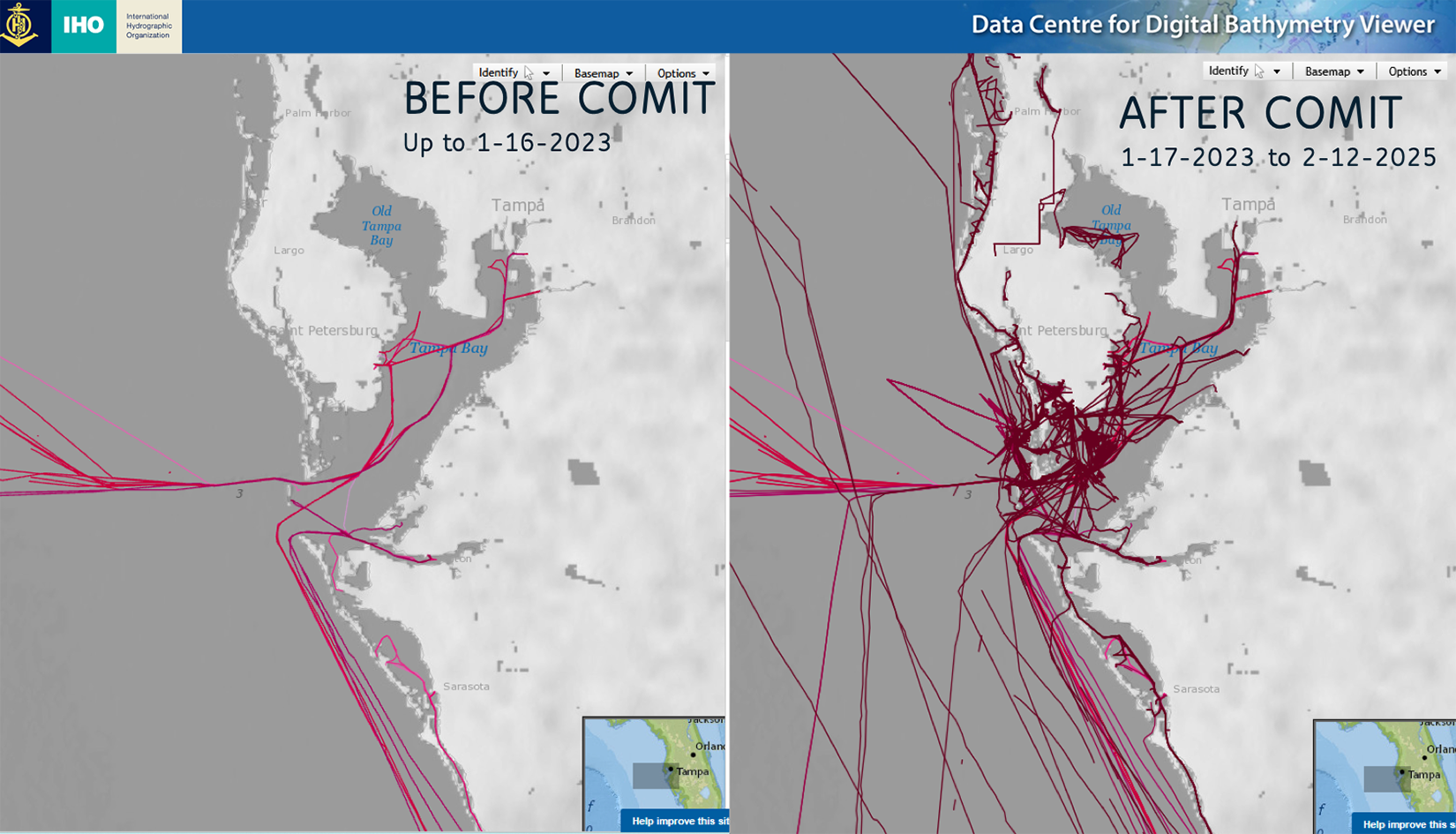 The figure above provides a snapshot showing contributions to crowdsourced bathymetry from the Center for Ocean Mapping and Innovative Technologies (COMIT). The panel on the left shows pre-COMIT vessel tracks. The panel on the right shows updated vessel tracks from COMIT. Gilbert, et al.