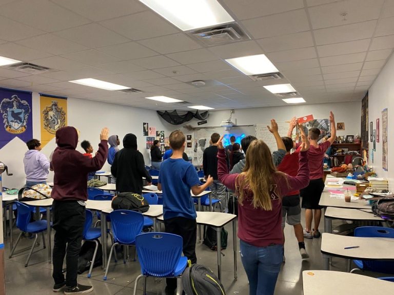 Students in the biology class playing the fish trivia game.