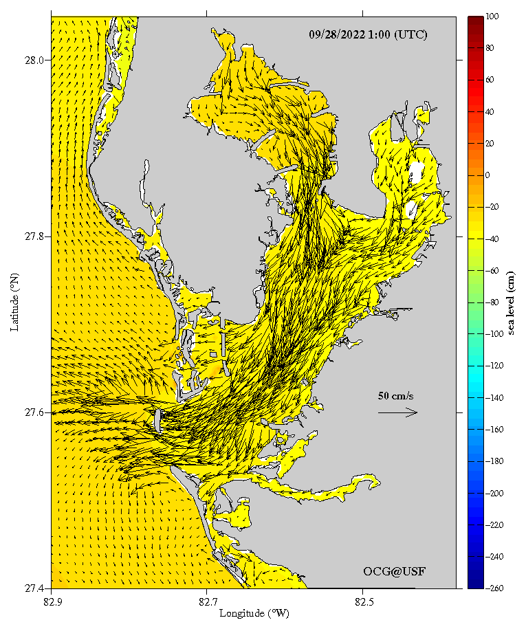 Days before Hurricane Ian made landfall, the Tampa Bay Coastal Ocean Model predicted negative storm surge in Tampa Bay. Courtesy of the Ocean Circulation Lab.