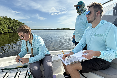 Layne Legget, Steve Murawski, and AJ Gross prepare to install a barnacle rack in Tampa Bay.