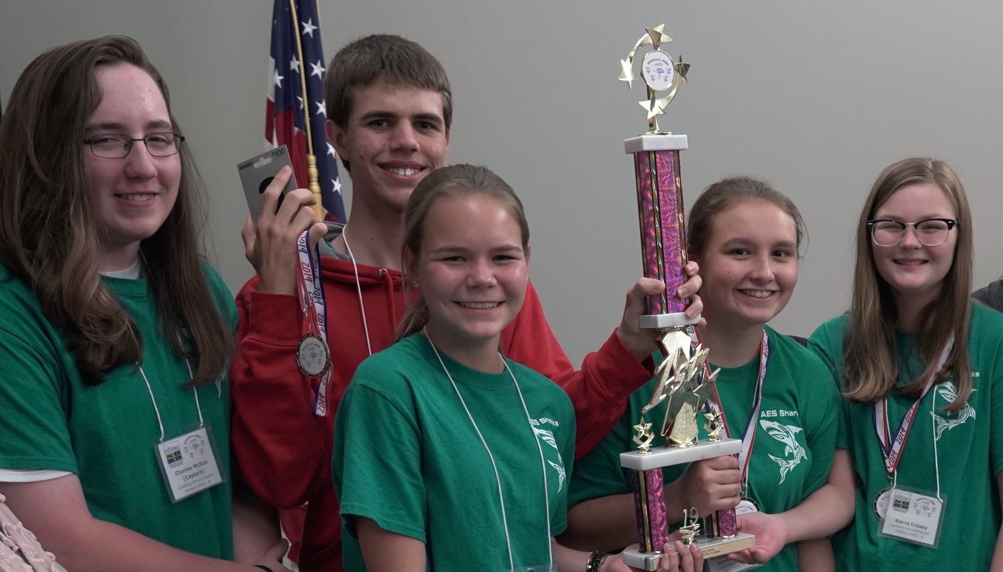 The 2019 Spoonbill Champion team is the Academy of Environmental Sciences B-team members from Crystal River, Florida. The winning team members from left to right are Charles McKee (Captain), David Laplante, Kendall Barker, Hannah Ronk and Sierra Creasy. Photo Credit: Spoonbill Bowl volunteer staff.  