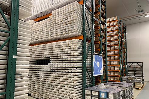 The Antarctic Core Collection at OSU-MGR. Each rack contains sediment cores from various USAP expeditions. Once the cores are opened, they are separated into a “sample” half that we can take samples from and an “archive” half that is imaged, x-rayed, and run through various instruments.