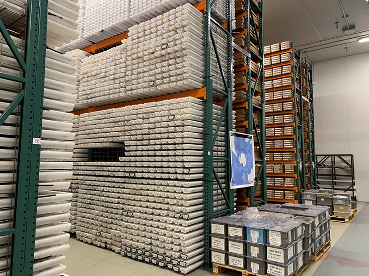 The Antarctic Core Collection at OSU-MGR. Each rack contains sediment cores from various USAP expeditions. Once the cores are opened, they are separated into a “sample” half that we can take samples from and an “archive” half that is imaged, x-rayed, and run through various instruments. 