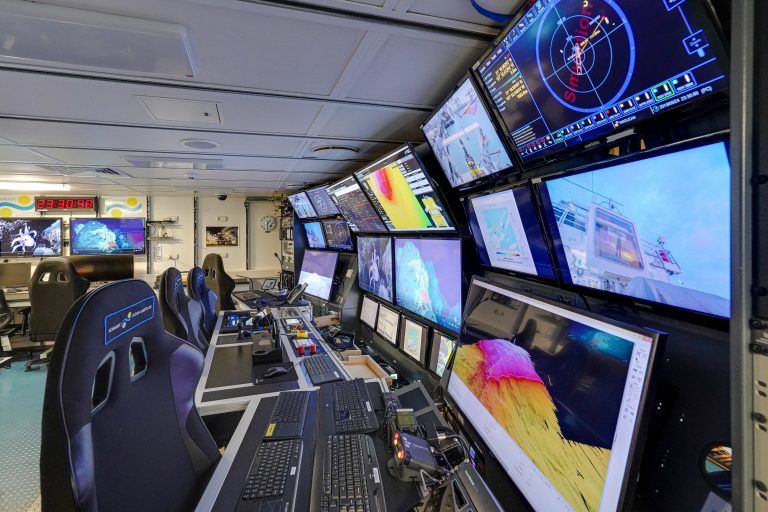 The Control Room on the Falkor, from which pilots operate the ROV SuBastianas guided by a team of scientists.