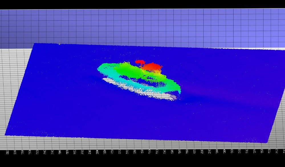 The first shipwreck found in April 2019 by the C-SCAMP team, this ship is about 35m long, 9m wide, and 10.5m tall from the seafloor. This 3-D view indicates depth using color - red is shallowest, and blue is deepest.