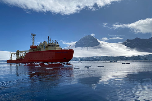 The RV Gould, a U.S. Antarctic Program ship transporting researchers back from Palmer Station.  Photo credit: Amelia Shevenell.