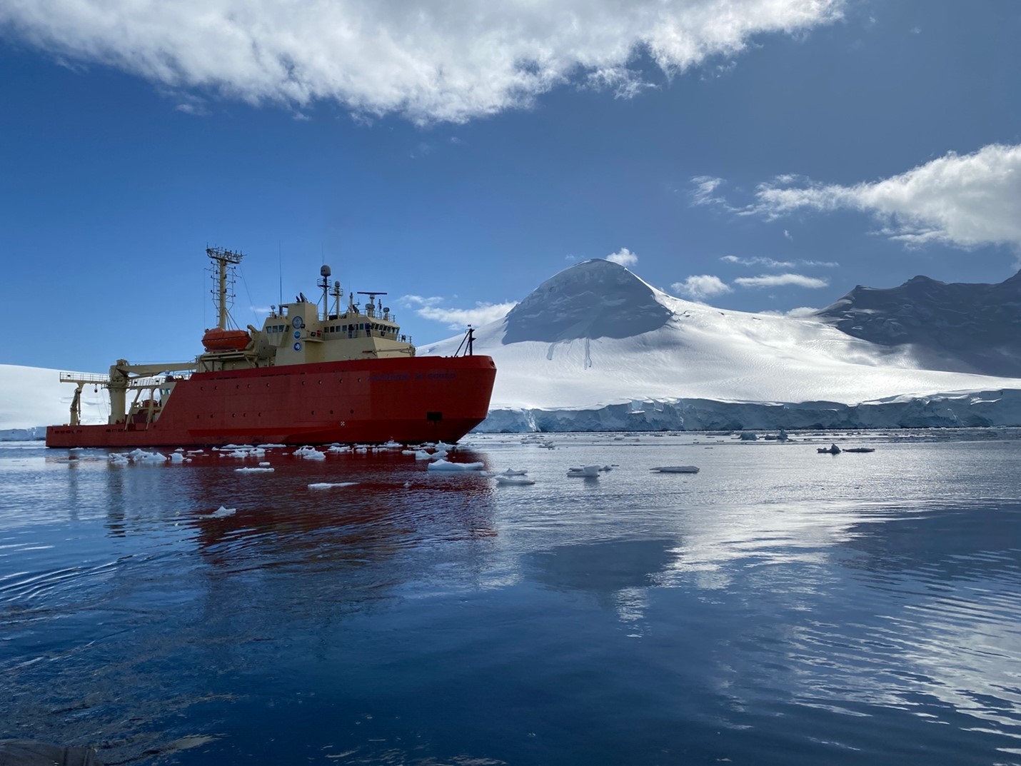 The RV Gould, a U.S. Antarctic Program ship transporting researchers back from Palmer Station.  Photo credit: Amelia Shevenell.