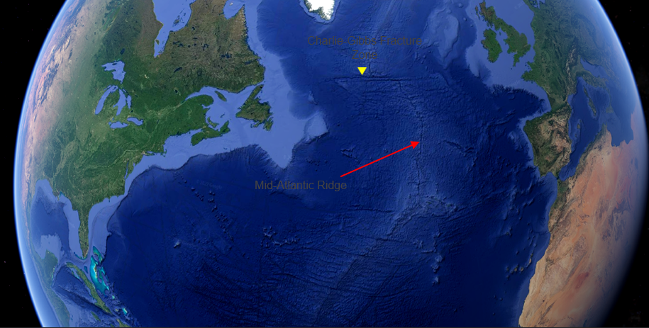 The Mid-Atlantic Ridge and the location of the Charlie-Gibbs Fracture Zone cutting across its northern end. If you follow the ridge south, you can see other fracture zones that are found along it! Sidenote: Google Earth is an AWESOME tool for exploring features of plate tectonics.