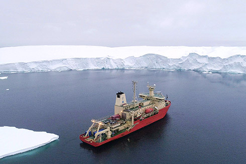 The R/V Nathaniel B. Palmer photographed from a drone at Thwaites Glacier ice front in February 2019. (Credit: Alexandra Mazur/University of Gothenburg)