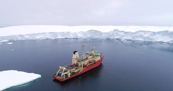 The R/V Nathaniel B. Palmer photographed from a drone at Thwaites Glacier ice front in February 2019. (Credit: Alexandra Mazur/University of Gothenburg)