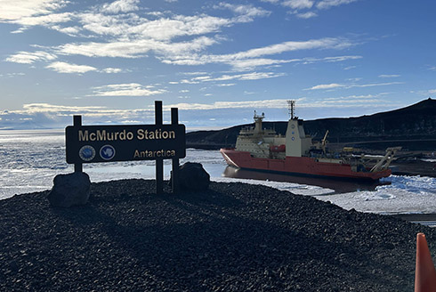 The RVIB N.B. Palmer at the McMurdo Station Pier. McMurdo Station is the major US research base on Antarctica and is run by the National Science Foundation (NSF).
