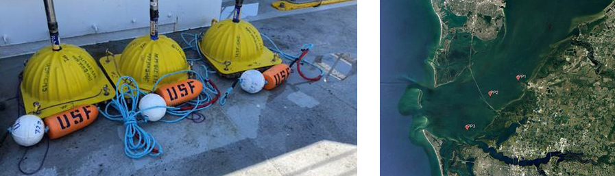 Left: Three bottom-mounted sensors were deployed on the first day of field research. They are now sending back real-time information from the bay.  Right: Location of the bottom-mounted sensors.