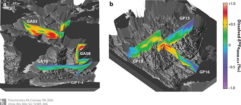 Three-dimensional visualization of dissolved Fe isotope ratios (δ56Fe) along GEOTRACES sections in (a) the Atlantic and (b) the Pacific. Data are originally from Cyril Abadie, Tim Conway, Jessica Fitzsimmons, Joshua Helgoe, Hannah Hunt, Seth John, François Lacan, Nathan Lanning, Franck Poitrasson, Amadine Radic, Matthias Sieber, Yoshiki Sohrin, Brent Summers, Shotaro Takano, Emily Townsend, and Derek Vance; they are available in the GEOTRACES Intermediate Data Product 2021 (GEOTRACES Int. Data Prod. Group 2021) or are unpublished (GA08 and GP15, provided by Jessica Fitzsimmons and Tim Conway). The visualizations were created and provided by Reiner Schlitzer, Alfred Wegener Institute, Bremerhaven, Germany. Abbreviation: IRMM-014, Institute for Reference Materials and Measurements Standard 014.