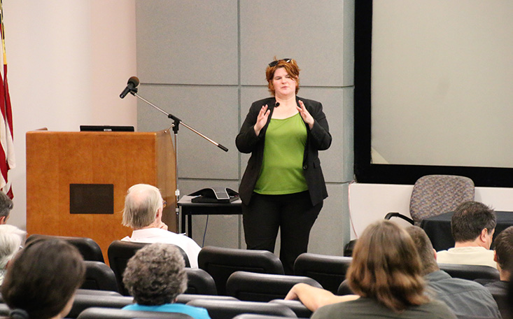 Tina van De Flierdt, Ph.D., speaks to the crowd during her seminar on past, and future, global warming events.