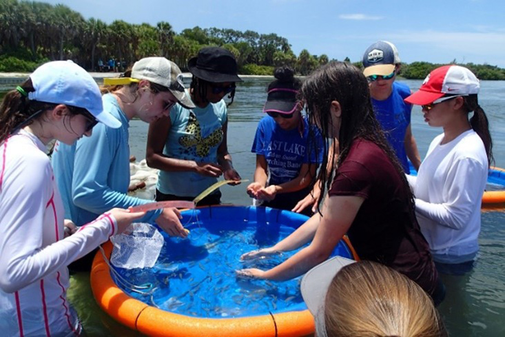 Campers work together to transfer fish from the seine net to the floating kiddy pool to measure and identify them.